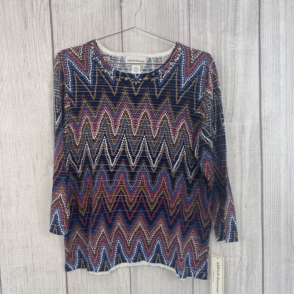 Alfred Dunner Top Womens LARGE Navy Blue Textured Chevron Stripe Embellished